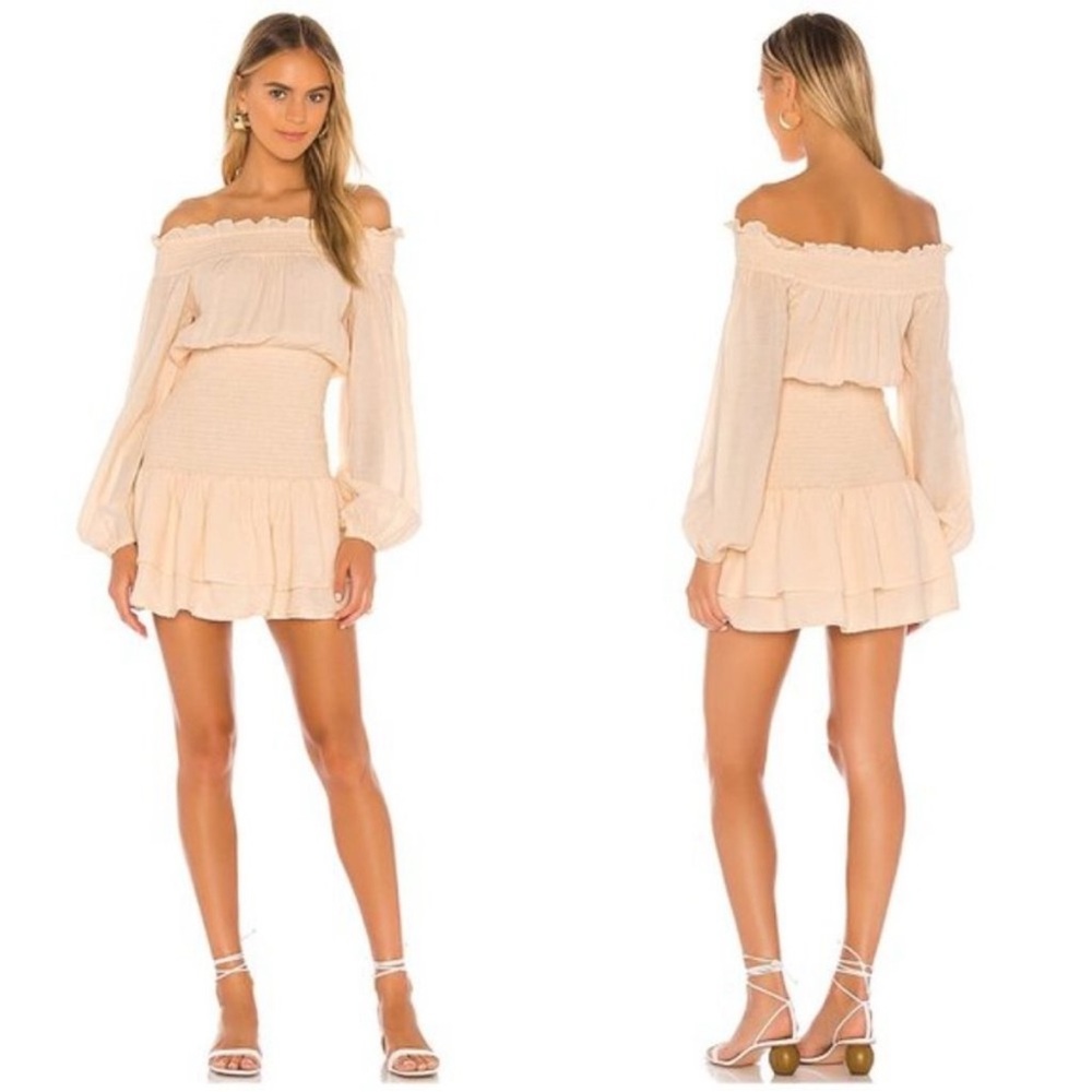 MAJORELLE Byron Mini Dress, Pink Sand Peach Off the Shoulder